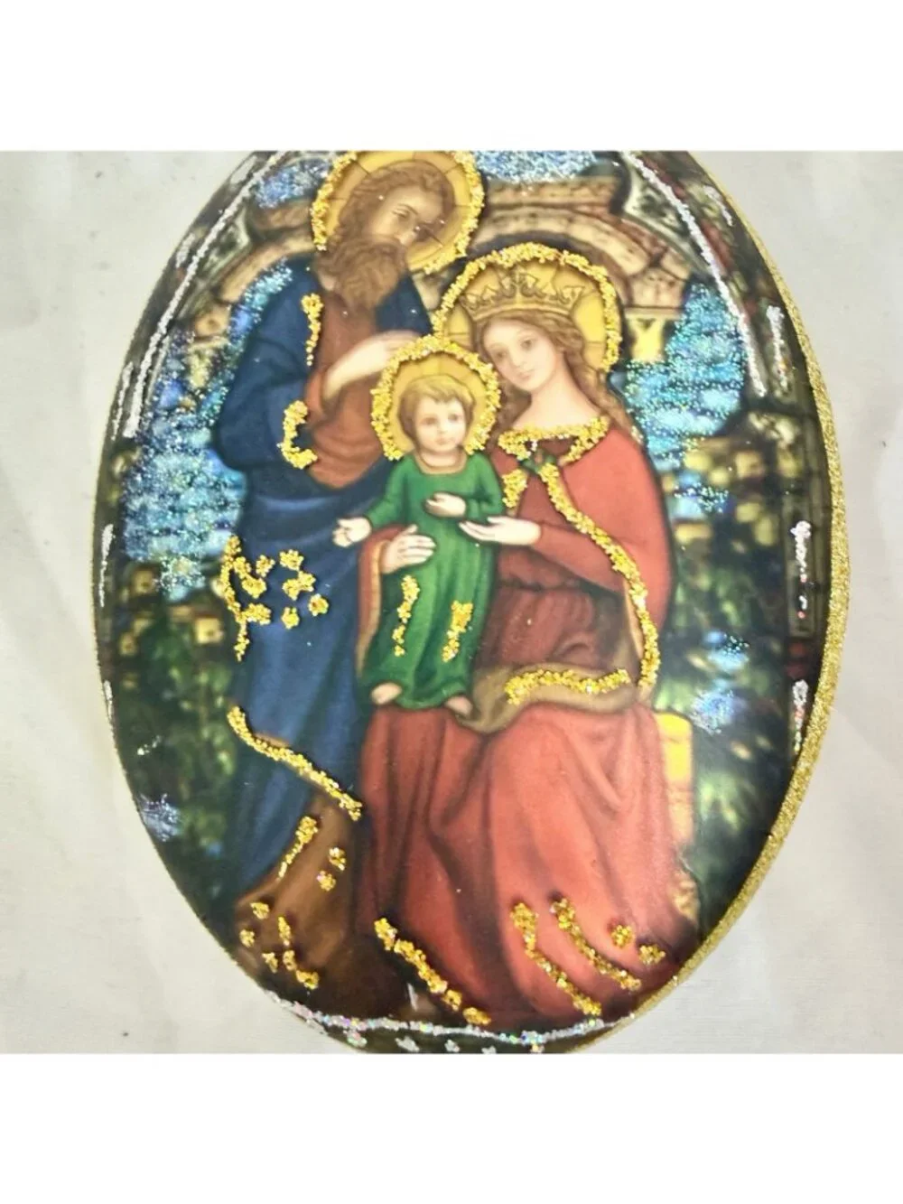 Vintage Holy Family Blown Glass Christmas Ornament Blue Gold Glitter 4”